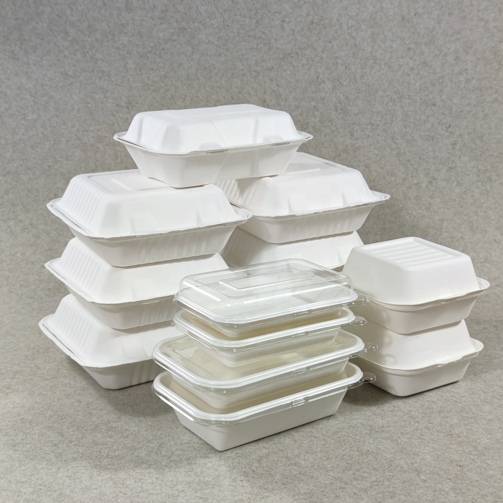 Biodegradable  Disposable Sugarcane  Food Tray with Lid Takeaway Take Out to Go Container Lunch Box