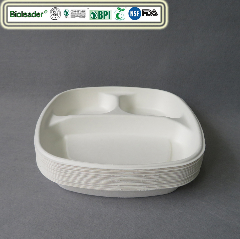 PFAS Free 3 Compartment Tray Biodegradable Disposable Take Out School Sugarcane Bagasse Pulp Tray Plates With PET Lid