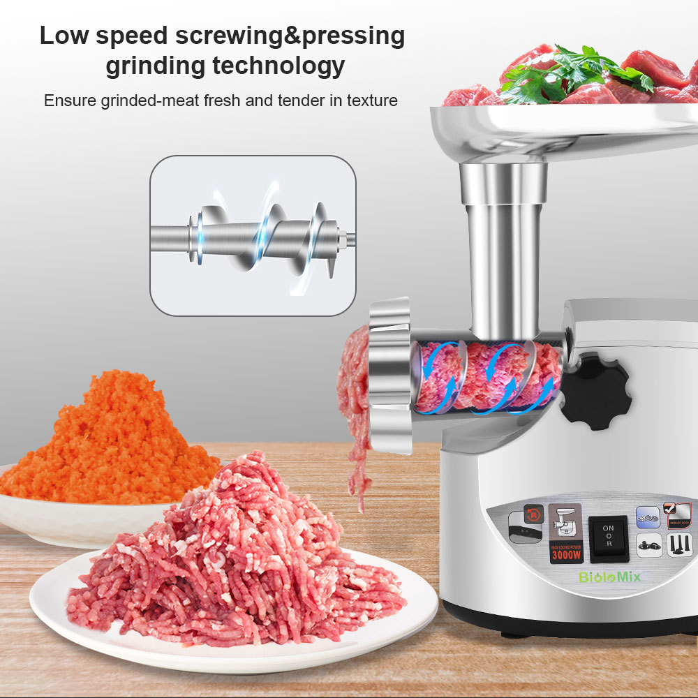 BioloMix Heavy Duty 3000W Max Powerful Electric Meat Grinder Home Sausage Stuffer Meat Mincer Food Processor