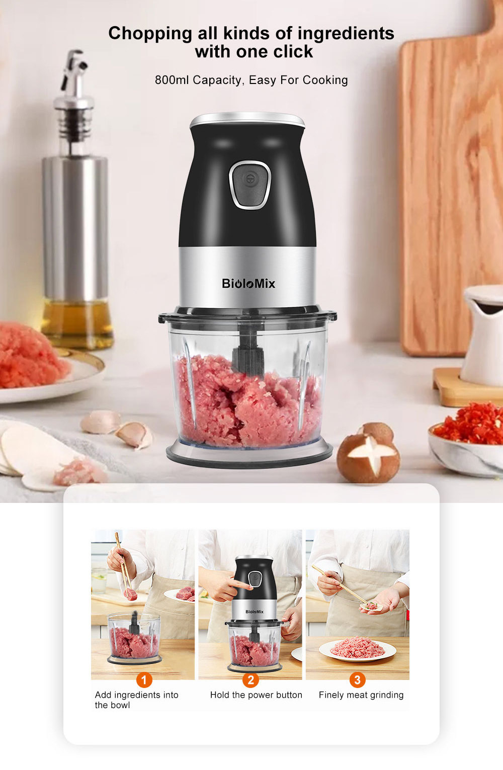 Electric 4 in 1 High Performance Food Chopper Food Processor Personal Blender Meat Grinder with Stainless Steel 4 wave Blades