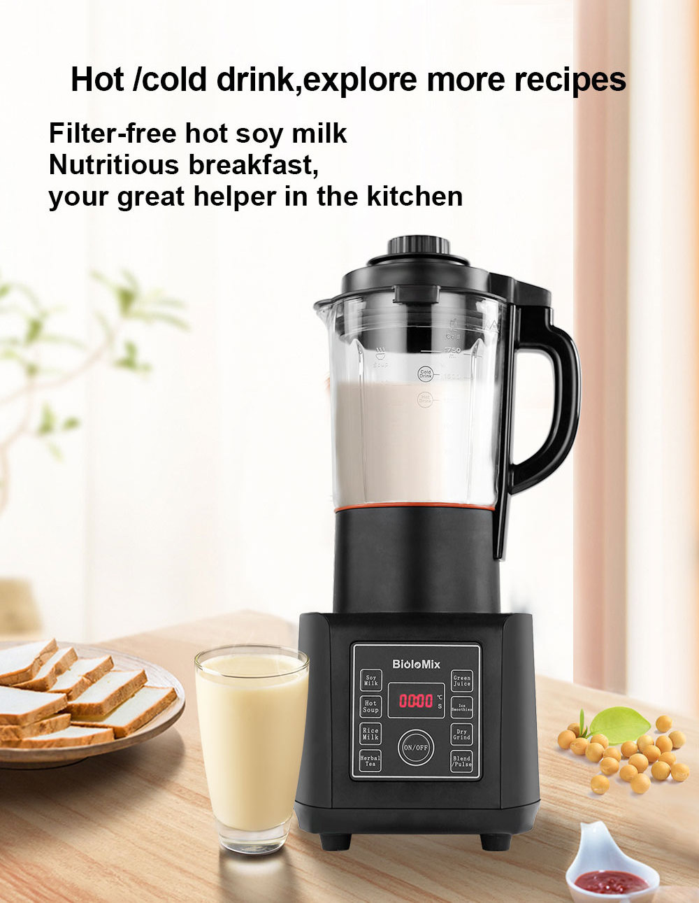 BPA Free 1.75L Glass Jar Blender Mixer Food Processor with Heating Function Soup Maker 8 Pre-programmed Hot and Cold Juicer