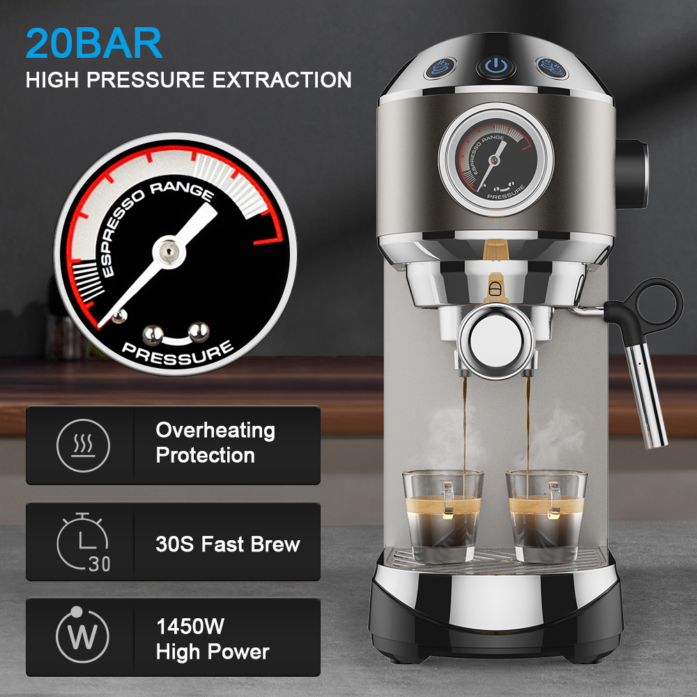 BioloMix Coffee Machine Cafetera 20 Bar Espresso inox Semi Automatic Expresso Cappuccino Hot Water Steam Temperature Display