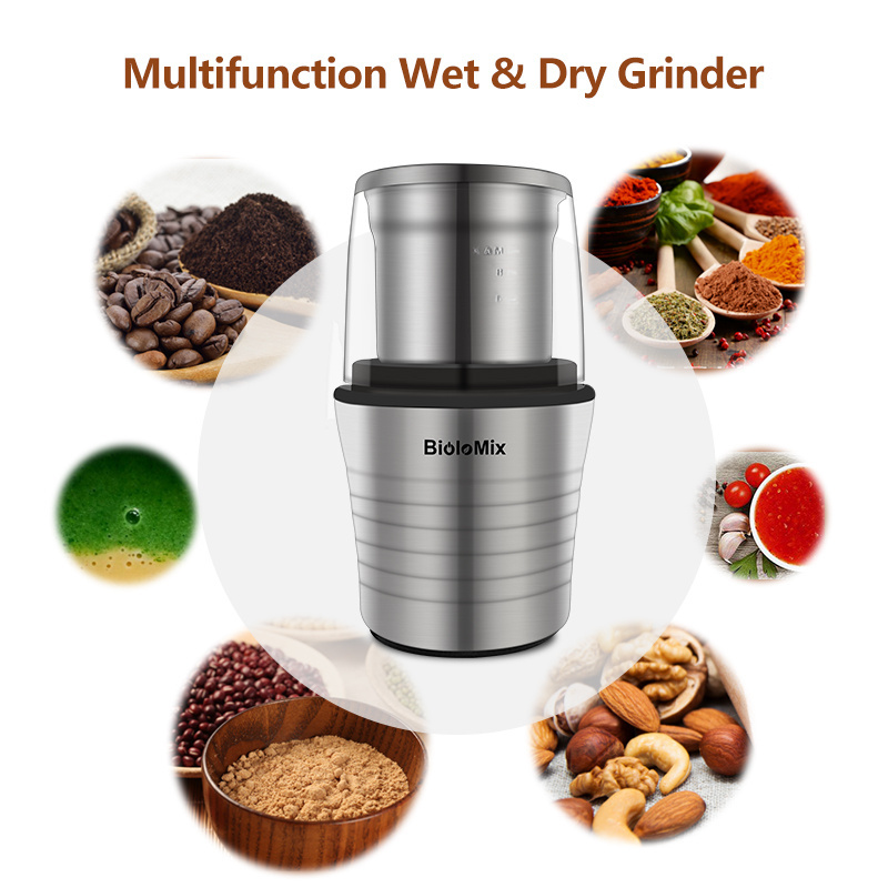 BioloMix 2-in-1 Wet and Dry Double Cups 300W Electric Spices and Coffee Bean Grinder Stainless Steel Body and Miller Blades Bio