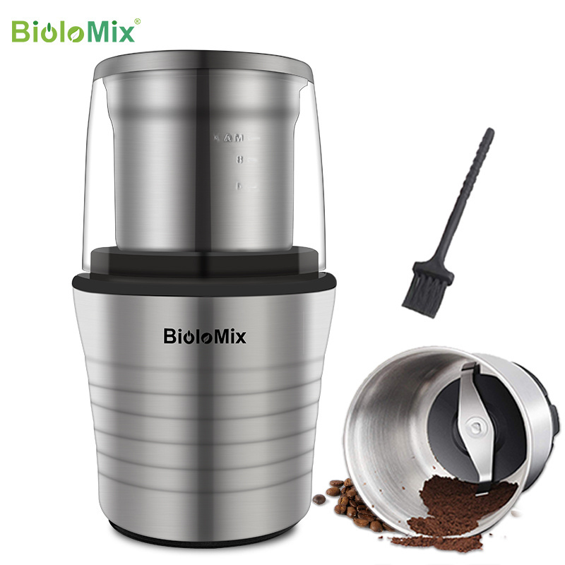 BioloMix 2-in-1 Wet and Dry Double Cups 300W Electric Spices and Coffee Bean Grinder Stainless Steel Body and Miller Blades Bio