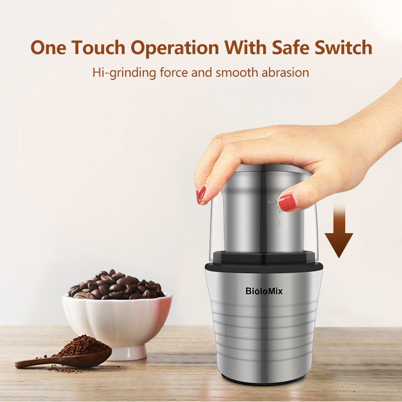 BioloMix 2-in-1 Wet and Dry Double Cups 300W Electric Spices and Coffee Bean Grinder Stainless Steel Body and Miller Blades Bio