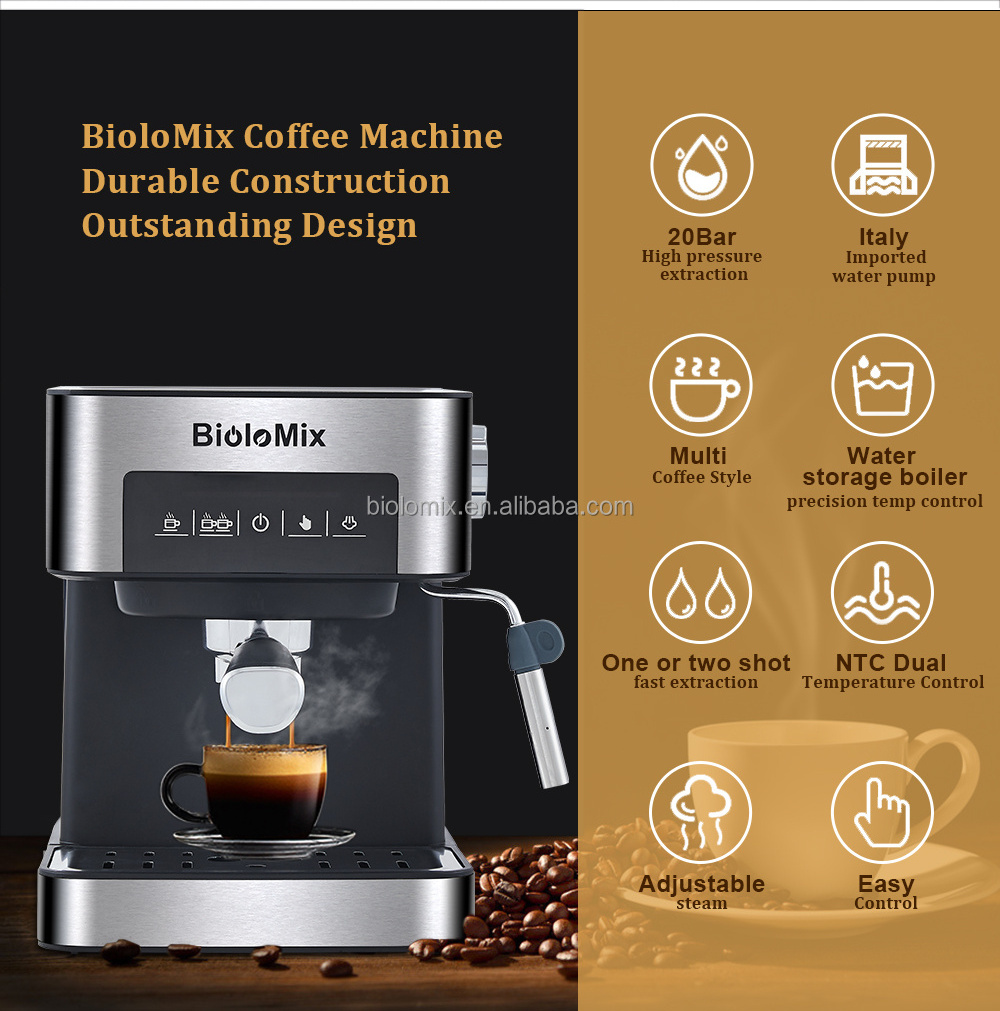 BioloMix 20 Bar Italian Type Espresso Coffee Maker Machine with Milk Frother Wand for Espresso, Cappuccino, Latte and Mocha