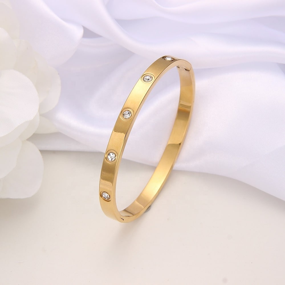 Fashion Jewelry Luxury  Love Silver 18k Gold Plated Cubic Zirconia Screw Bangles Stainless Steel Bracelets Femme Women