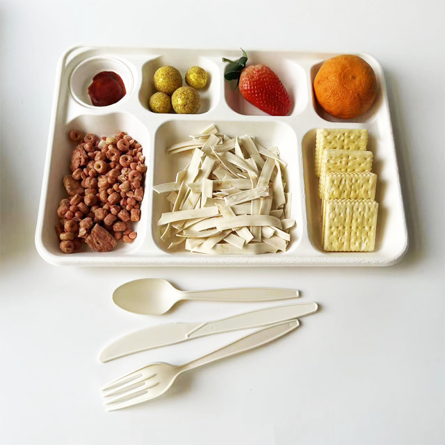 New arrival bagasse pulp customized 7-divided bagasse food tray Home compose sugarcane biodegradable food container