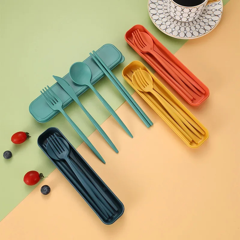 Eco Friendly Camping Wheat Straw Chopsticks Knife Spoon Fork Tableware Flatware Travel Cutlery Set with Case