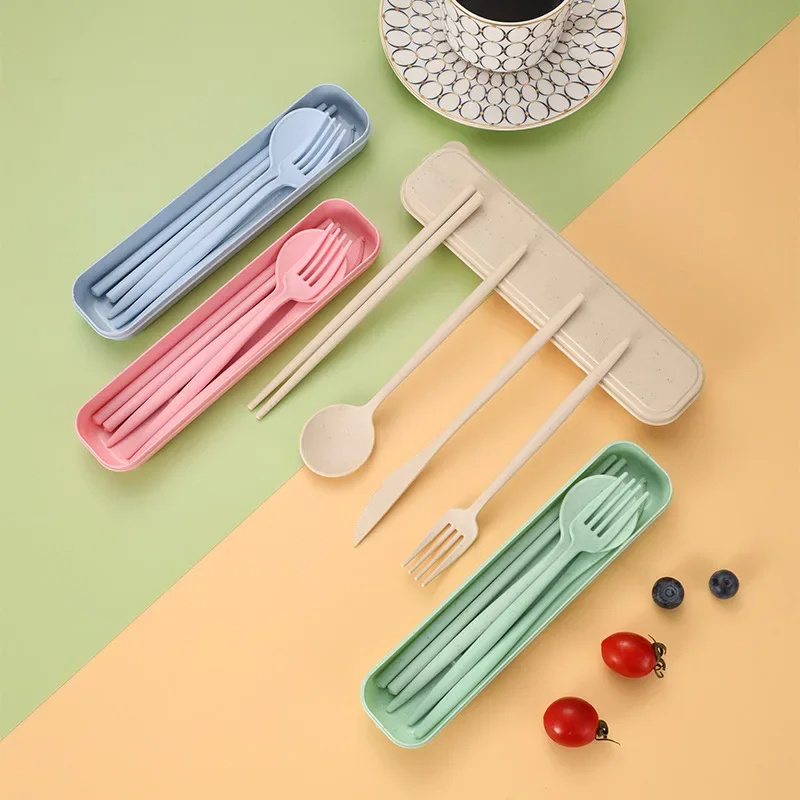 Eco Friendly Camping Wheat Straw Chopsticks Knife Spoon Fork Tableware Flatware Travel Cutlery Set with Case