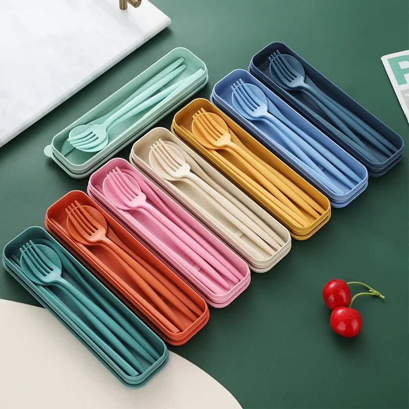 Eco Friendly Camping Wheat Straw Chopsticks Knife Spoon Fork Tableware Flatware Travel Cutlery Set with Case