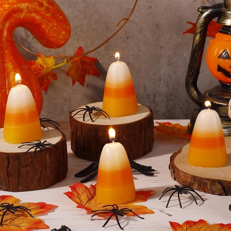 Yellow Orange and White Unscented Candy Corn Shape Pillar Candles Bulk for Home Fall Autumn Wedding Party