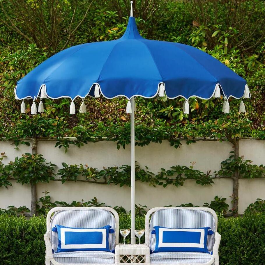 BR Fringed Luxury Pagoda California Umbrella 8.5 ft, Outdoor AluminumLarge Shade Sun Parasol for Market Patio Decks Poolside