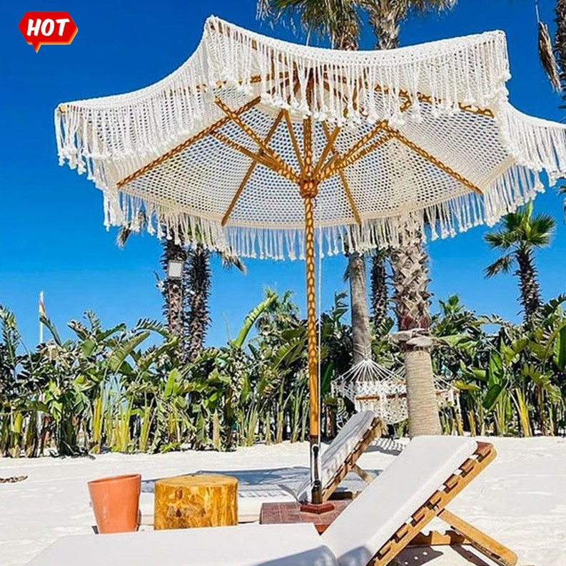 Wholesale Cotton Crochet Outdoor Large Beach Macrame Parasols with Fringes, Home Boho Decor Wooden Resort Patio Garden Umbrella