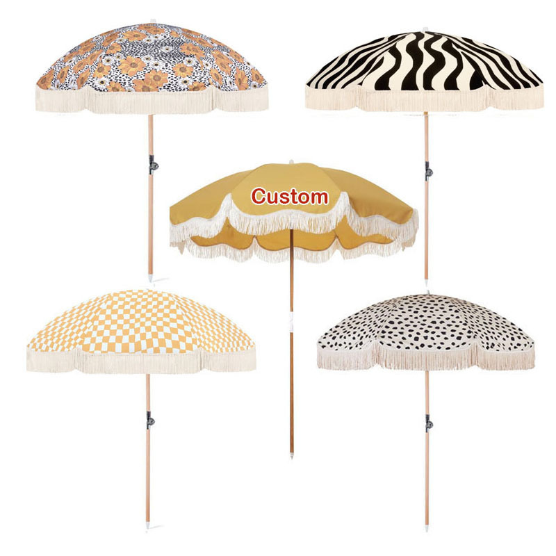 BR Customize Premium Canvas Beach Outdoor umbrellas with Tassels, Portable Wooden Pole Fringed Camping Picnic Travel Sun Parasol