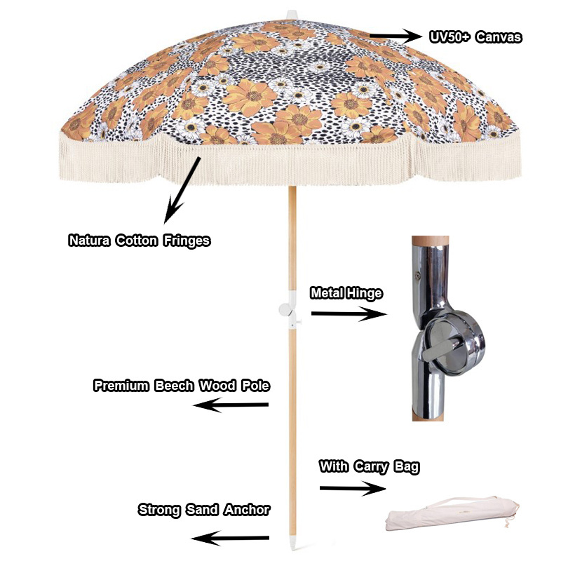 BR Customize Premium Canvas Beach Outdoor umbrellas with Tassels, Portable Wooden Pole Fringed Camping Picnic Travel Sun Parasol