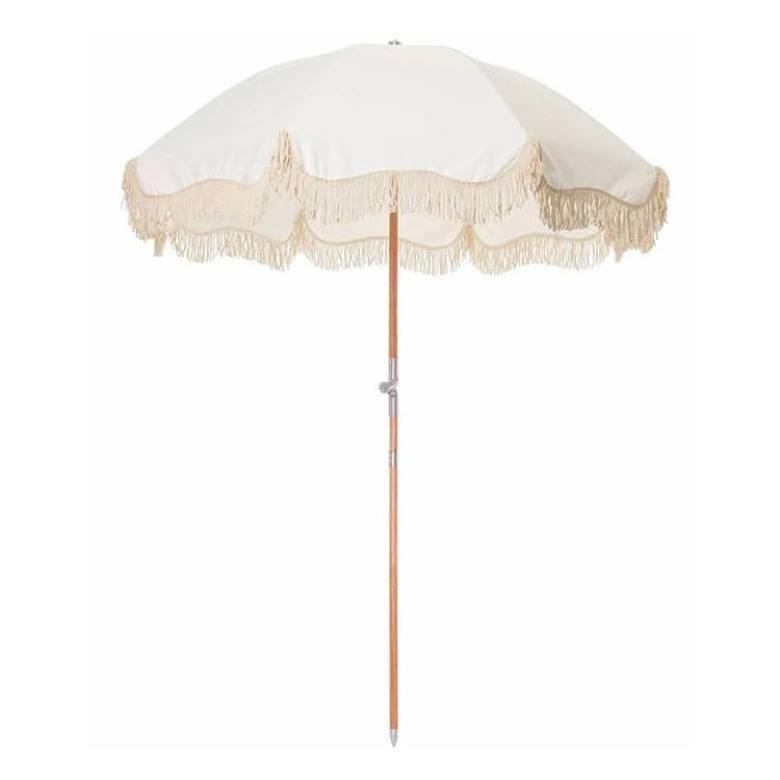 New BR 6ft 7ft Portable Wooden Pole Luxury Fringed Beach Umbrella with Tassels, Premium Boho Outdoor Patio Sun Parasol for Table