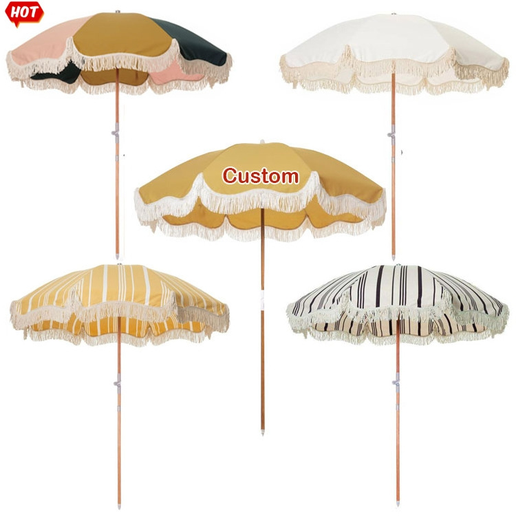 New BR 6ft 7ft Portable Wooden Pole Luxury Fringed Beach Umbrella with Tassels, Premium Boho Outdoor Patio Sun Parasol for Table