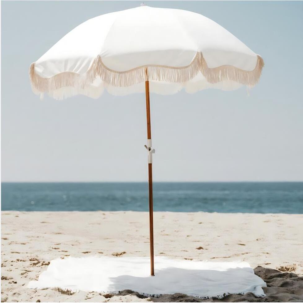 Customize Logo Australia Europe Premium Canvas Beach Patio Umbrella With Fringe Tassels, Sturdy Outdoor Sun Parasol for Chairs