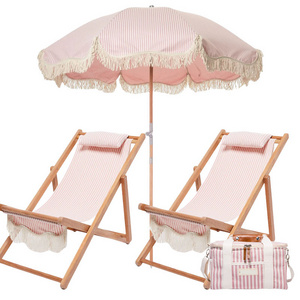 2024 Custom Outdoor Premium Essentials Vintage Fringed Wooden Beach Umbrella Parasols with Chairs, Canvas Terry Bags, Coolers