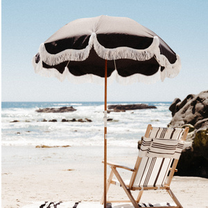 BR Customize Outdoor 6ft 7ft Beach Umbrella with Cotton Taasels Tilt Hinge, Portable Wood Pole Sun Protection Big Sand Parasols