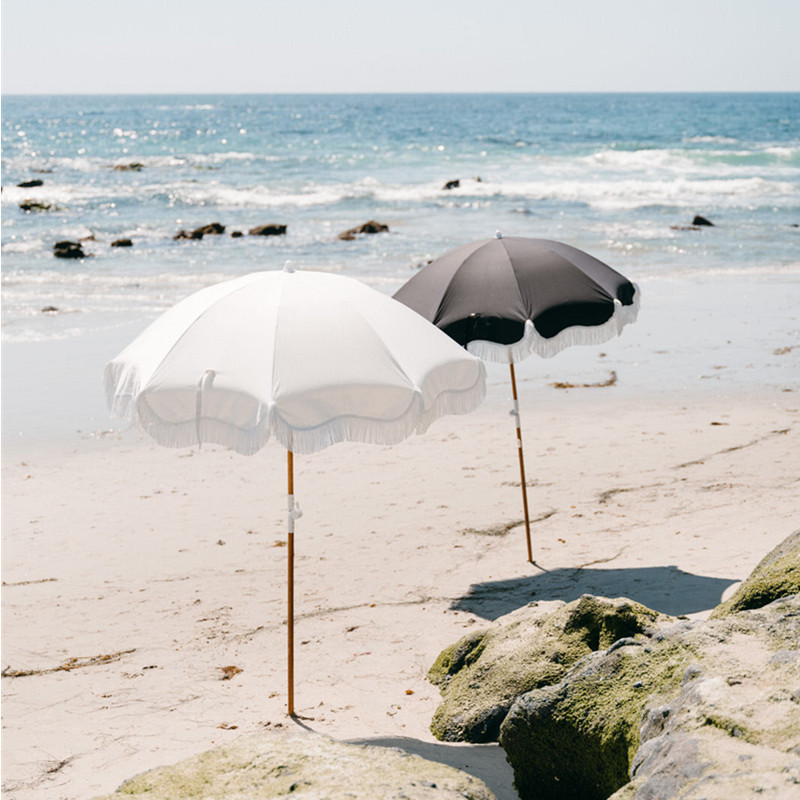 BR Customize Outdoor 6ft 7ft Beach Umbrella with Cotton Taasels Tilt Hinge, Portable Wood Pole Sun Protection Big Sand Parasols