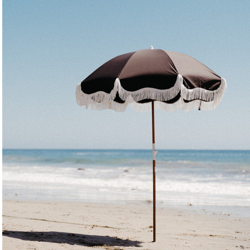 BR Customize Outdoor 6ft 7ft Beach Umbrella with Cotton Taasels Tilt Hinge, Portable Wood Pole Sun Protection Big Sand Parasols