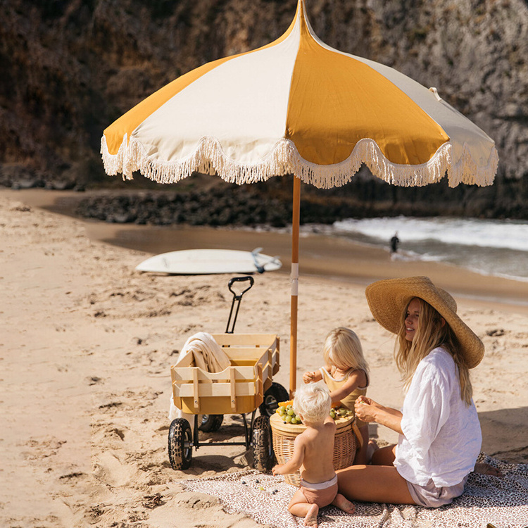 Australia Europe Premium Wooden Beach Outdoor Umbrella with Cotton Fringes Tassels for Wind, Resort Picnic Travel Sun Parasol