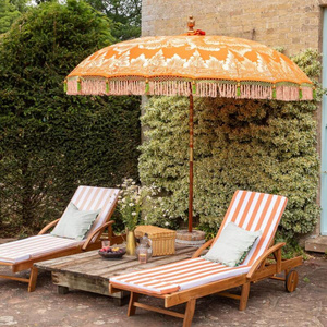 2m Vintage Furniture Handcrafted London Outdoor Garden Sun Parasol with Fringe Tassels, Boho Bali Yard Patio Poolside Umbrellas