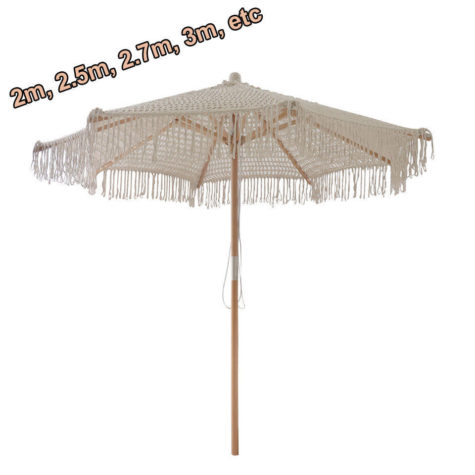 2.5M Luxury Cotton Rope Crochet Handmade Macrame Crochet Beach Umbrella with Fringes, Beautiful Boho Decor Beige Garden Parasol