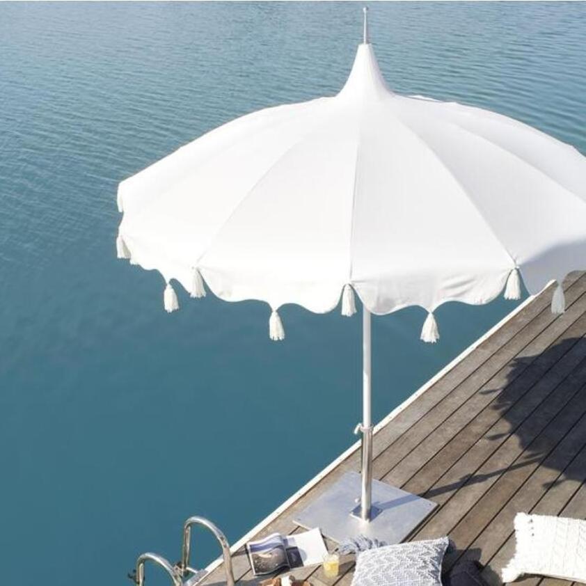 BR Fringed Luxury Pagoda California Umbrella 8.5 ft, Outdoor AluminumLarge Shade Sun Parasol for Market Patio Decks Poolside