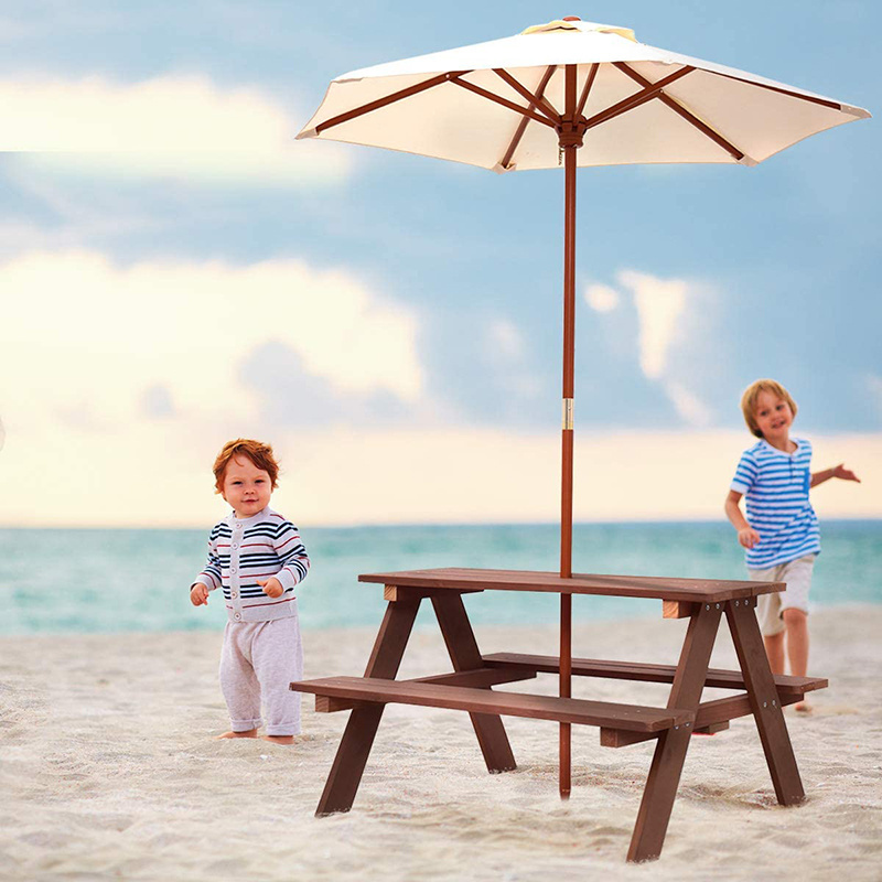 Outdoor Children's Garden Play Bench Wooden Picnic Table and Chair Kid Set with Round Umbrella