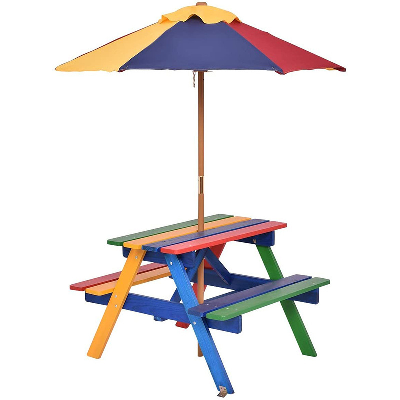 Outdoor Children's Garden Play Bench Wooden Picnic Table and Chair Kid Set with Round Umbrella