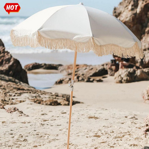 Wholesale Customize Outdoor Wooden Pole Boho White Beach Umbrella with Tassel Fringes, Sunday BP Vintage Furniture Sun Parasols