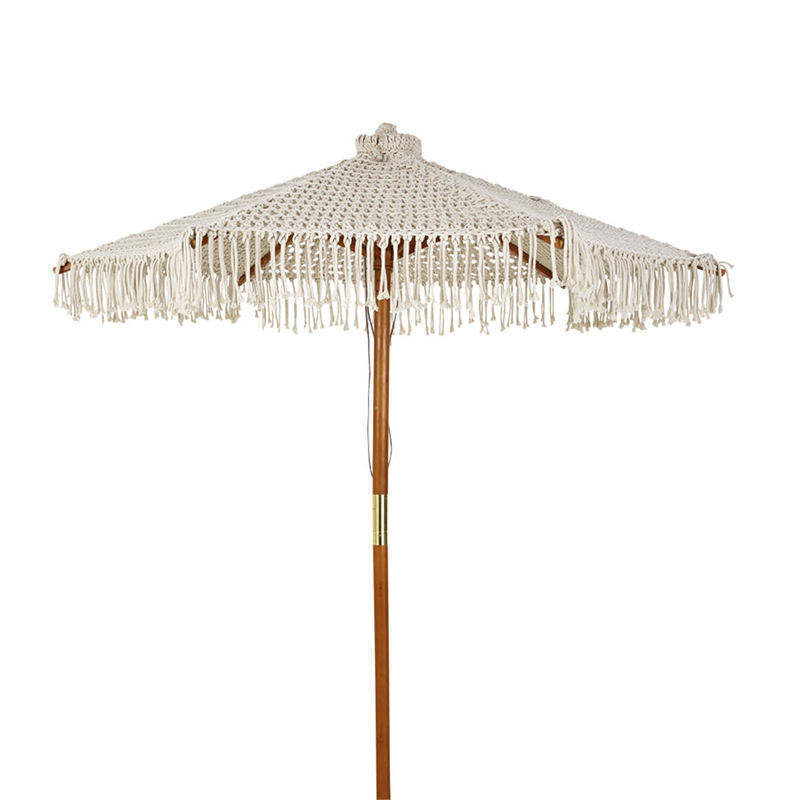 Wholesale Large Boho Beige Crochet Macrame Cotton Fringed Wooden Beach Patio Umbrella, Resort Club Garden Outdoor Sun Parasols