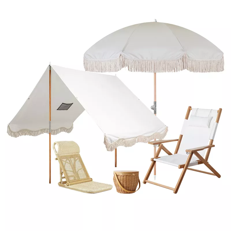 Customize Wholesale Outdoor Portable Wood Pole Canvas Beach Umbrellas with Tassels,  Fold Chairs, Sun Shade Tent, Cooler Bag etc