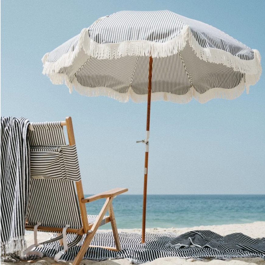 Customize Wholesale Outdoor Portable Wood Pole Canvas Beach Umbrellas with Tassels,  Fold Chairs, Sun Shade Tent, Cooler Bag etc