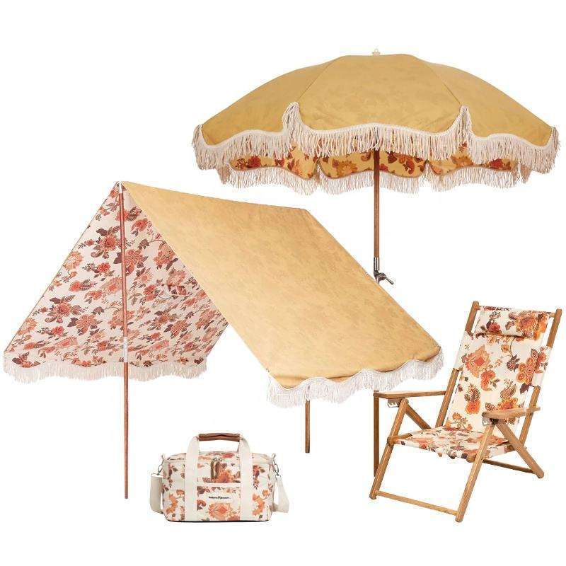 Customize Wholesale Outdoor Portable Wood Pole Canvas Beach Umbrellas with Tassels,  Fold Chairs, Sun Shade Tent, Cooler Bag etc