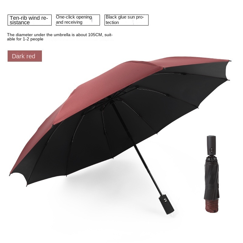 Hot Automatic Reverse Open Compact Windproof Inverted Reflective Piping LED handle 3 Folding Windproof Black Lady Men Umbrella