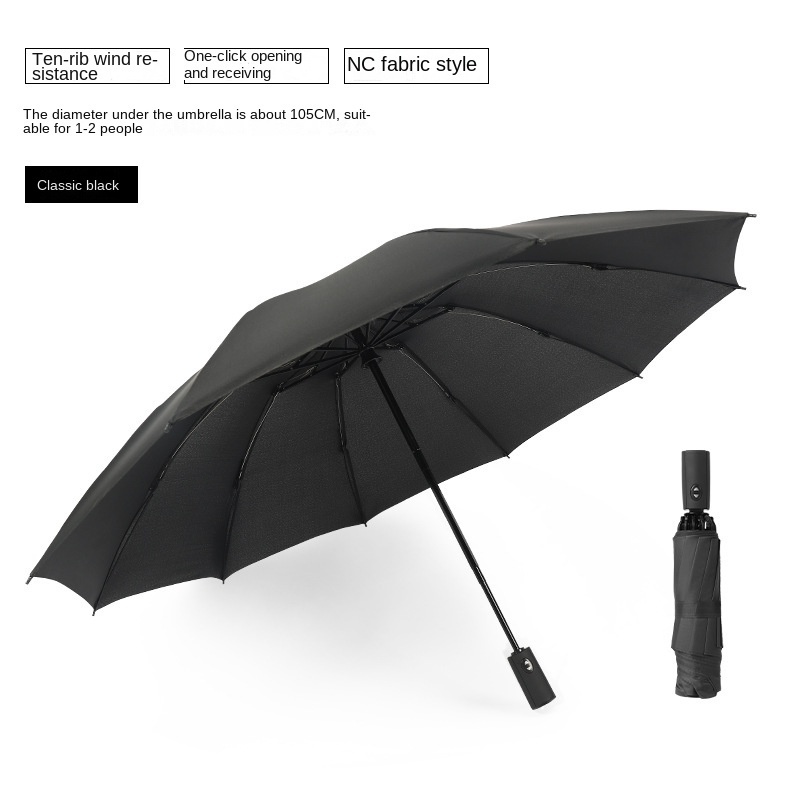 Hot Automatic Reverse Open Compact Windproof Inverted Reflective Piping LED handle 3 Folding Windproof Black Lady Men Umbrella