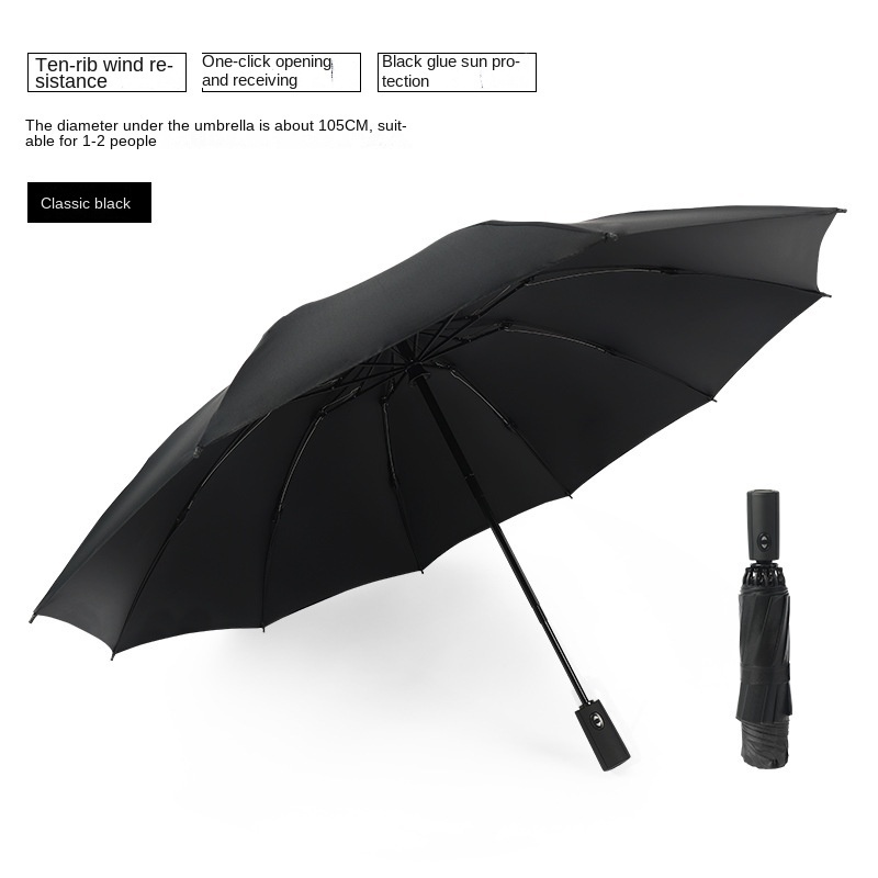 Hot Automatic Reverse Open Compact Windproof Inverted Reflective Piping LED handle 3 Folding Windproof Black Lady Men Umbrella