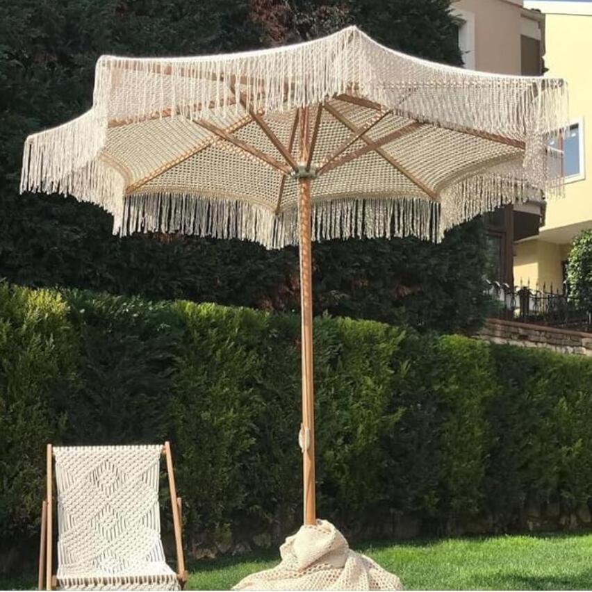 Wholesale 7ft 8ft Beige Cotton Crochet Macrame Beach Outdoor Umbrella with Fringes, Resort Club Patio Garden Pool Sun Parasols