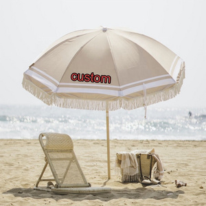 custom best portable beach outdoor umbrellas with tassels, sand anchor, tilt, seat chairs for wind, RPET uv50+ big Sun parasols