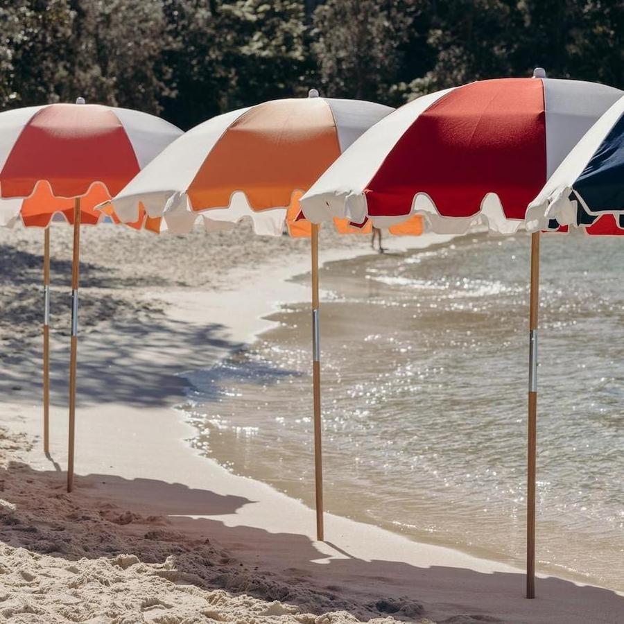 Wholesale Custom Printed Wooden Pole UV Protection Canvas Vintage Outdoor Patio Boho Beach Umbrella Red Yellow Pink White Blue