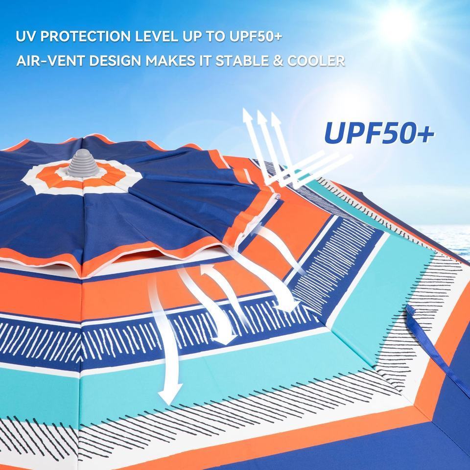 6.5 ft Outdoor Big Orange Stripes Aluminum Sunshade Waterproof UV 50+ Protection Sea Parasol Patio Beach Umbrella Sand Anchor