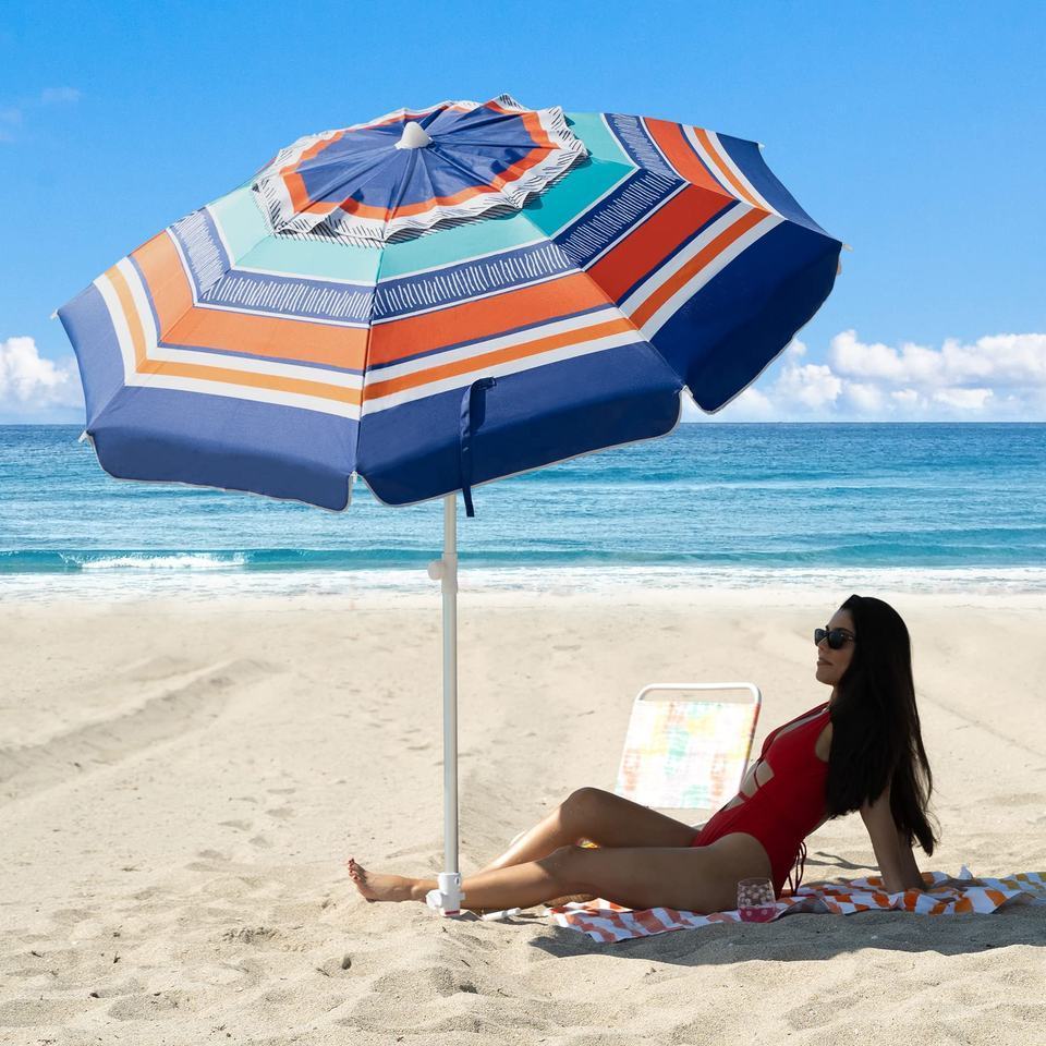 6.5 ft Outdoor Big Orange Stripes Aluminum Sunshade Waterproof UV 50+ Protection Sea Parasol Patio Beach Umbrella Sand Anchor