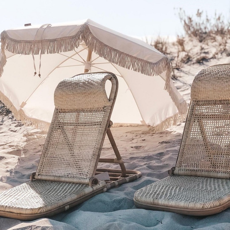 Wholesale big small vintage antique white canvas beach parasol with cotton fringe tassels, lightweight sun patio shade umbrella