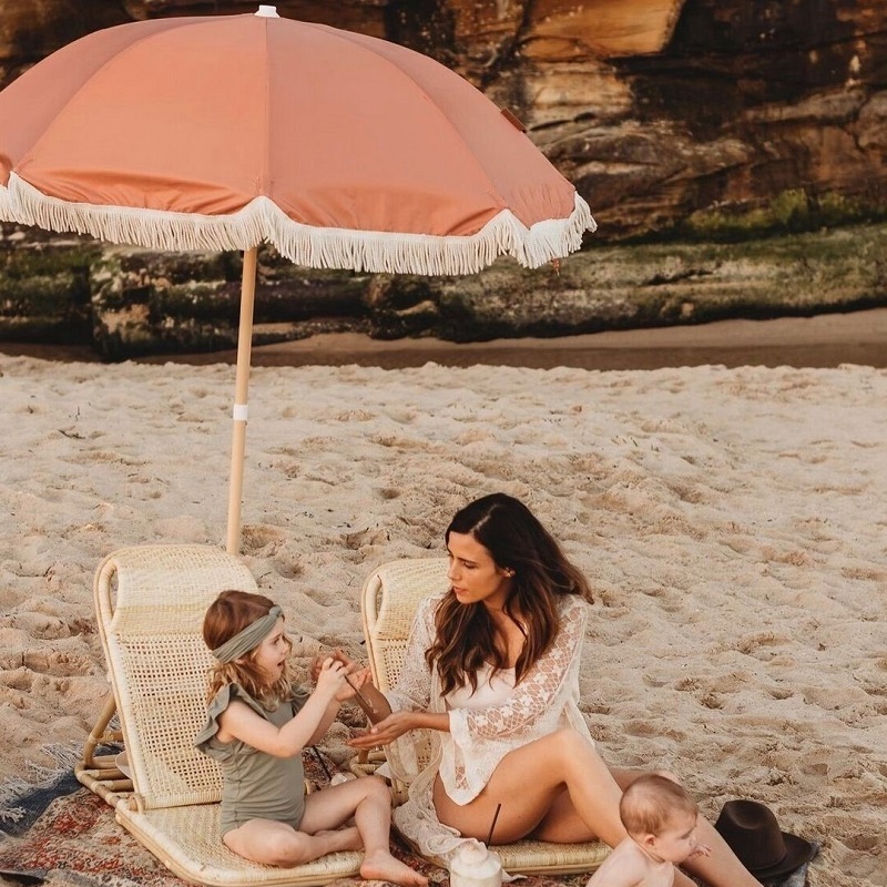 Wholesale big small vintage antique white canvas beach parasol with cotton fringe tassels, lightweight sun patio shade umbrella