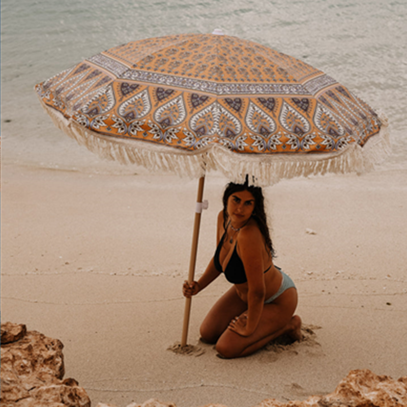 custom printing best windproof 6 foot beach umbrella, vintage floral light weight sun parasol with cotton fringe tassels