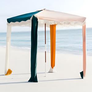 BR Premium Wooden Pole Beach Cabana Tent with Cotton Fringe Tassels, Portable Travel Picnic Luxury Sun Shade Outdoor Umbrella